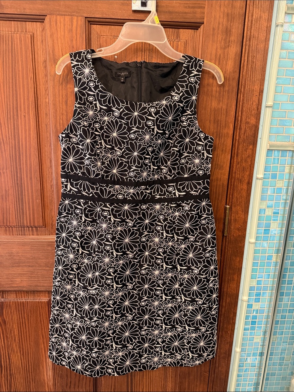 Talbots Black and White Floral Sheath Dress with Scoop Neck